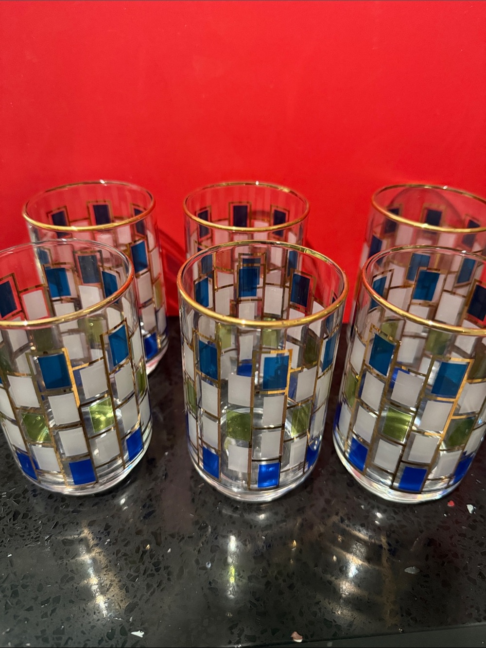 Libbey Nordic Gold-Trim Glass Blue, White & Green Mosaic Pattern - Set of 6
